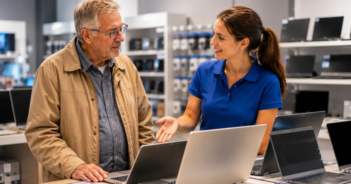 A man and a woman discussing laptops in a computer store.