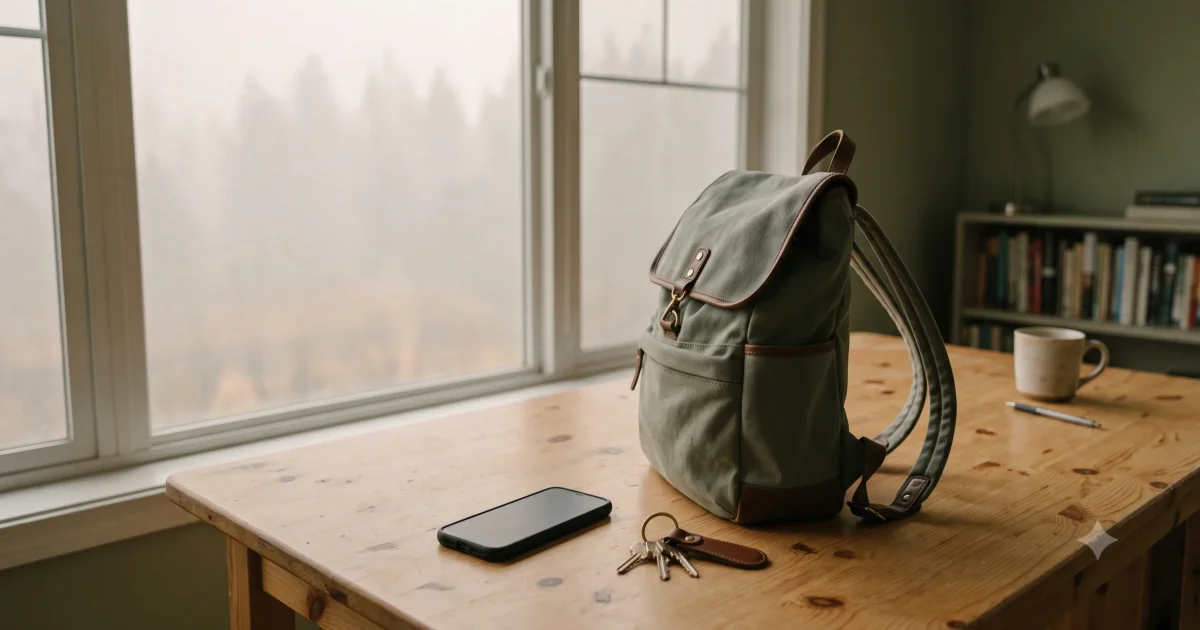 A packed canvas go-bag beside a phone, keys, and charging supplies on a table.