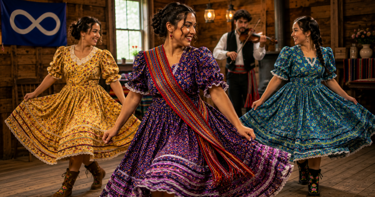 Three Métis dancers in colourful traditional dresses, accompanied by a violinist indoors.