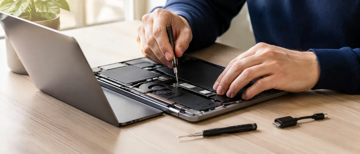 Technician performing a careful laptop repair on a clean workbench